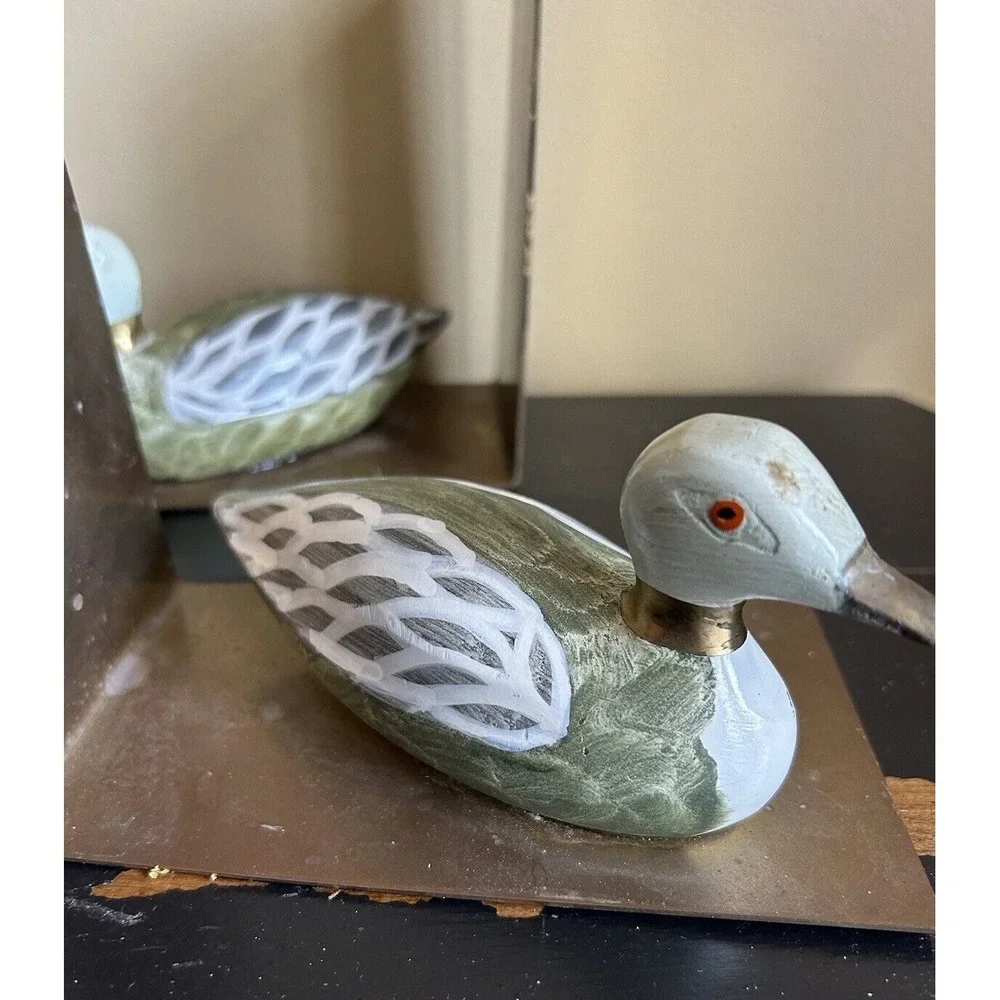 Vintage Hand Painted Enameled Brass Duck‎ Decoy Bookends